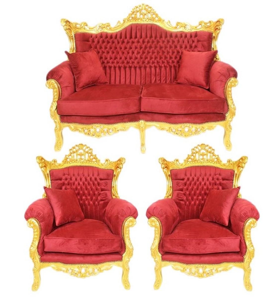 Barock Wohnzimmer Set Bordeaux Samtstoff / Gold - 2er Sofa + 2 Sessel