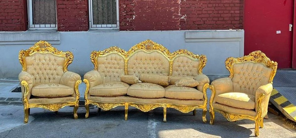 Barock Wohnzimmer Set Beige Muster / Gold - 1 Barock Sofa & 2 Barock Sessel - Wohnzimmer Möbel im Barockstil - Barock Möbel - Barock Wohnzimmer Einrichtung