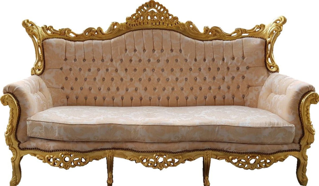 Barock Wohnzimmer Set Master Creme Muster / Gold mit Bling Bling Glitzersteinen - 3er Sofa + 2 Sessel - Limited Edition!