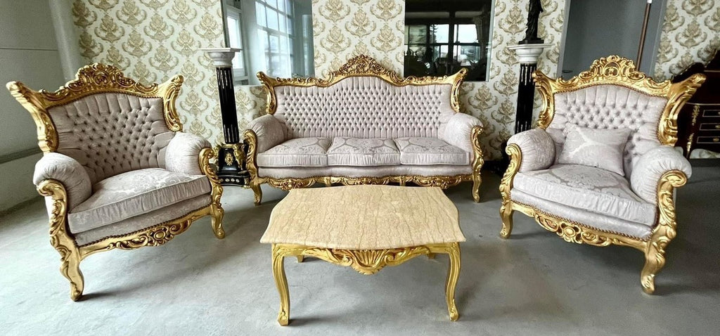 Barock Wohnzimmer Set Grau Muster / Gold - 1 Barock Sofa & 2 Barock Sessel - Wohnzimmer Möbel im Barockstil - Barock Möbel - Barock Wohnzimmer Einrichtung