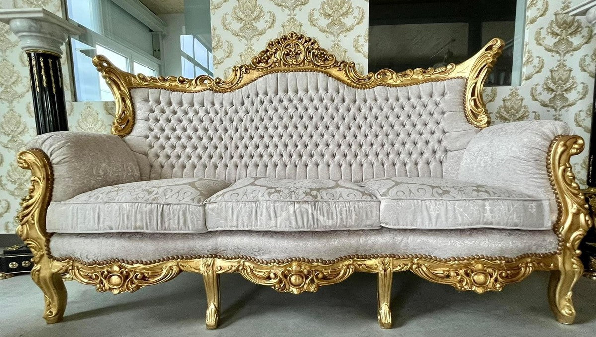 Barock Wohnzimmer Set Grau Muster / Gold - 1 Barock Sofa & 2 Barock Sessel - Wohnzimmer Möbel im Barockstil - Barock Möbel - Barock Wohnzimmer Einrichtung