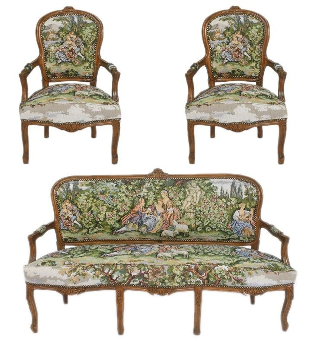 Barock Sitzbank Set Gobelin / Braun - 1 Sofa + 2 Sessel
