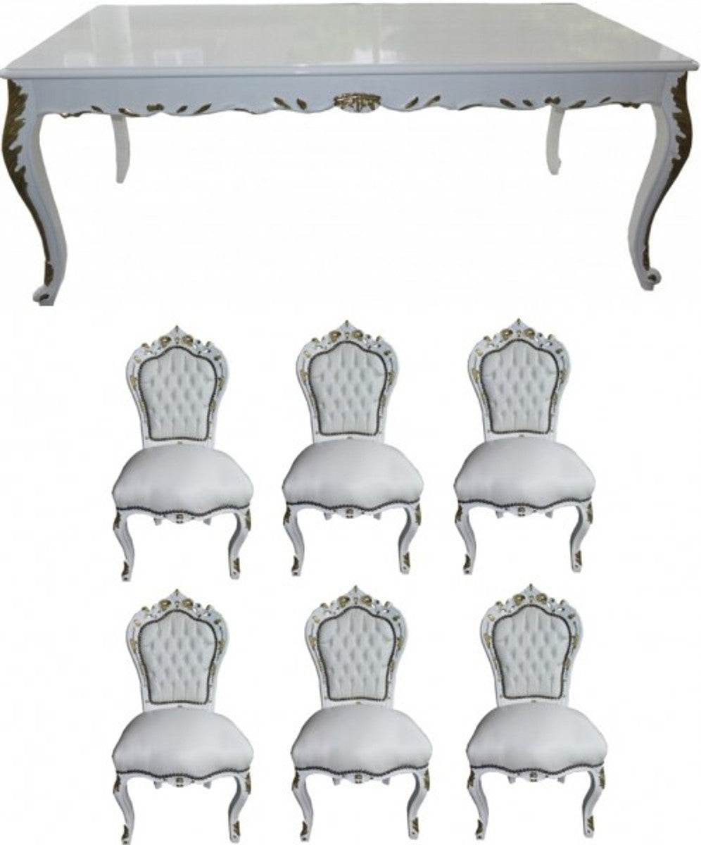 Barock Esszimmer Set Weiß / Weiß / Gold - Esstisch + 6 Stühle - Möbel Antik Stil