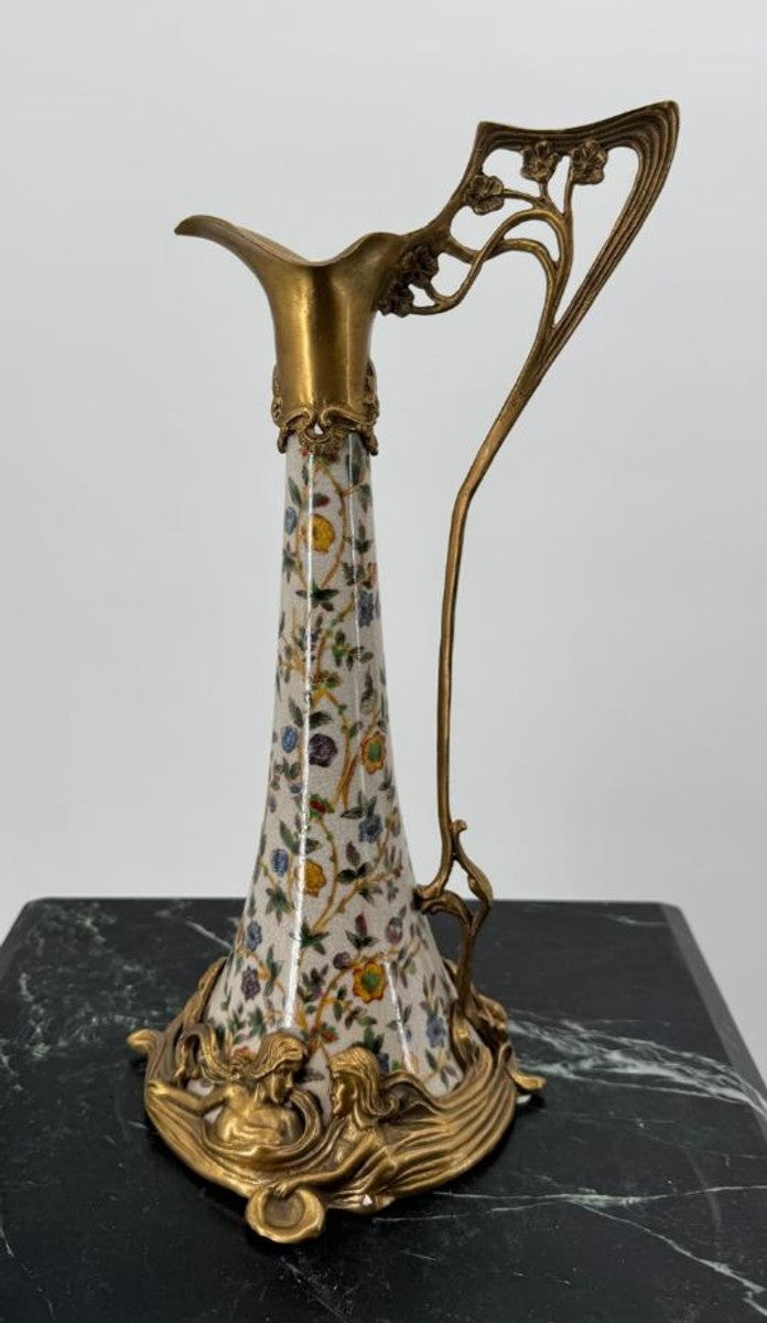 Jugendstil Weinkrug Creme / Bunt / Messing H. 35 cm - Jugendstil Deko