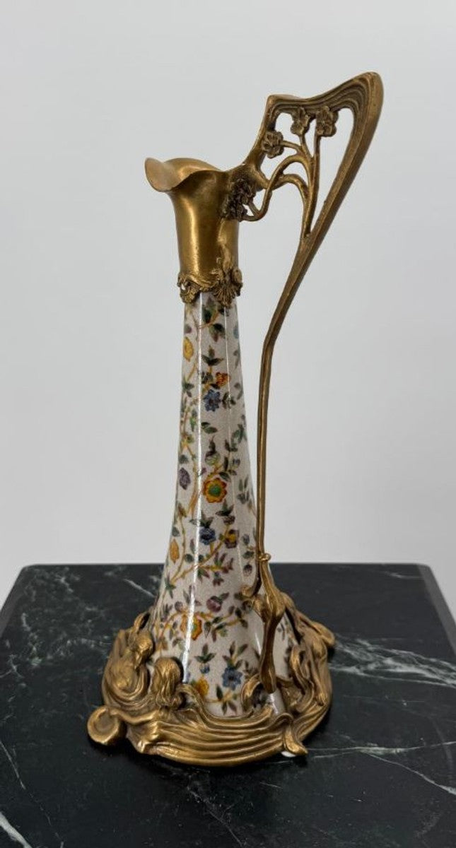 Jugendstil Weinkrug Creme / Bunt / Messing H. 35 cm - Jugendstil Deko