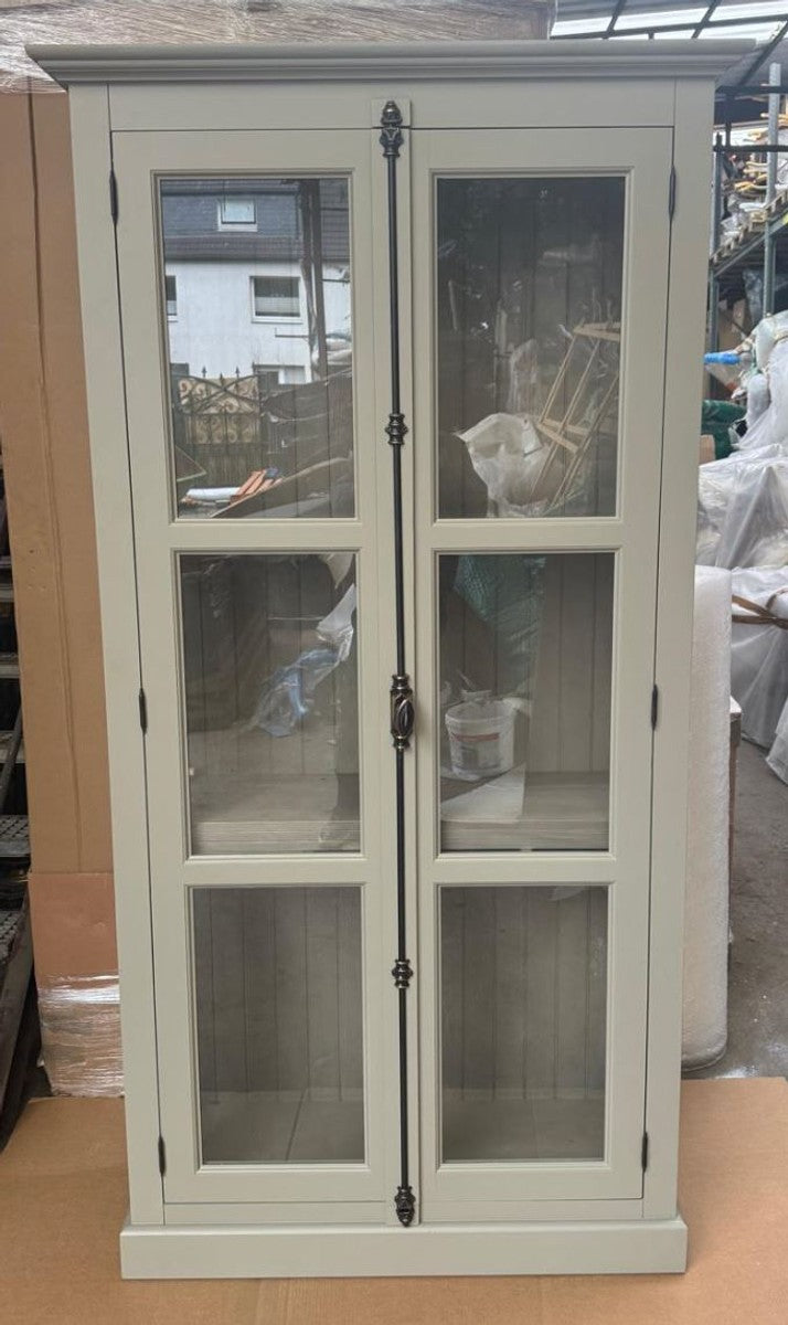 Landhausstil Massivholz Vitrine mit 2 Glastüren Grau 110 x 40 x H. 210 cm