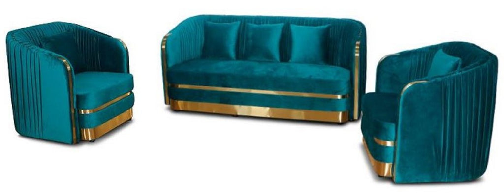 Art Deco Samt Sofa Grünblau / Gold 180 x 78 x H. 80 cm - Wohnzimmer Sofa - Art Deco Wohnzimmer Möbel