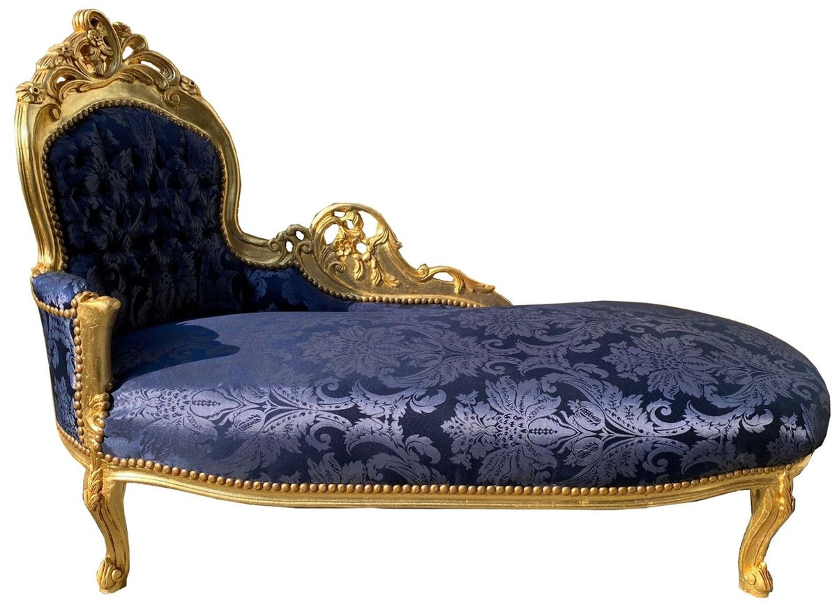 Barock Chaiselongue Linke Seite Blau / Gold - Handgefertigte Massivholz Recamiere mit elegantem Muster - Barock Wohnzimmer Möbel