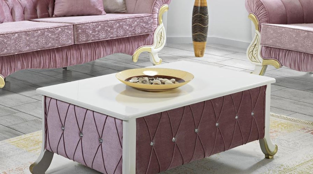 Barock Couchtisch Rosa / Weiß / Gold 100 x 64 x H. 43 cm - Barockstil Wohnzimmertisch mit Glitzersteinen - Barock Möbel