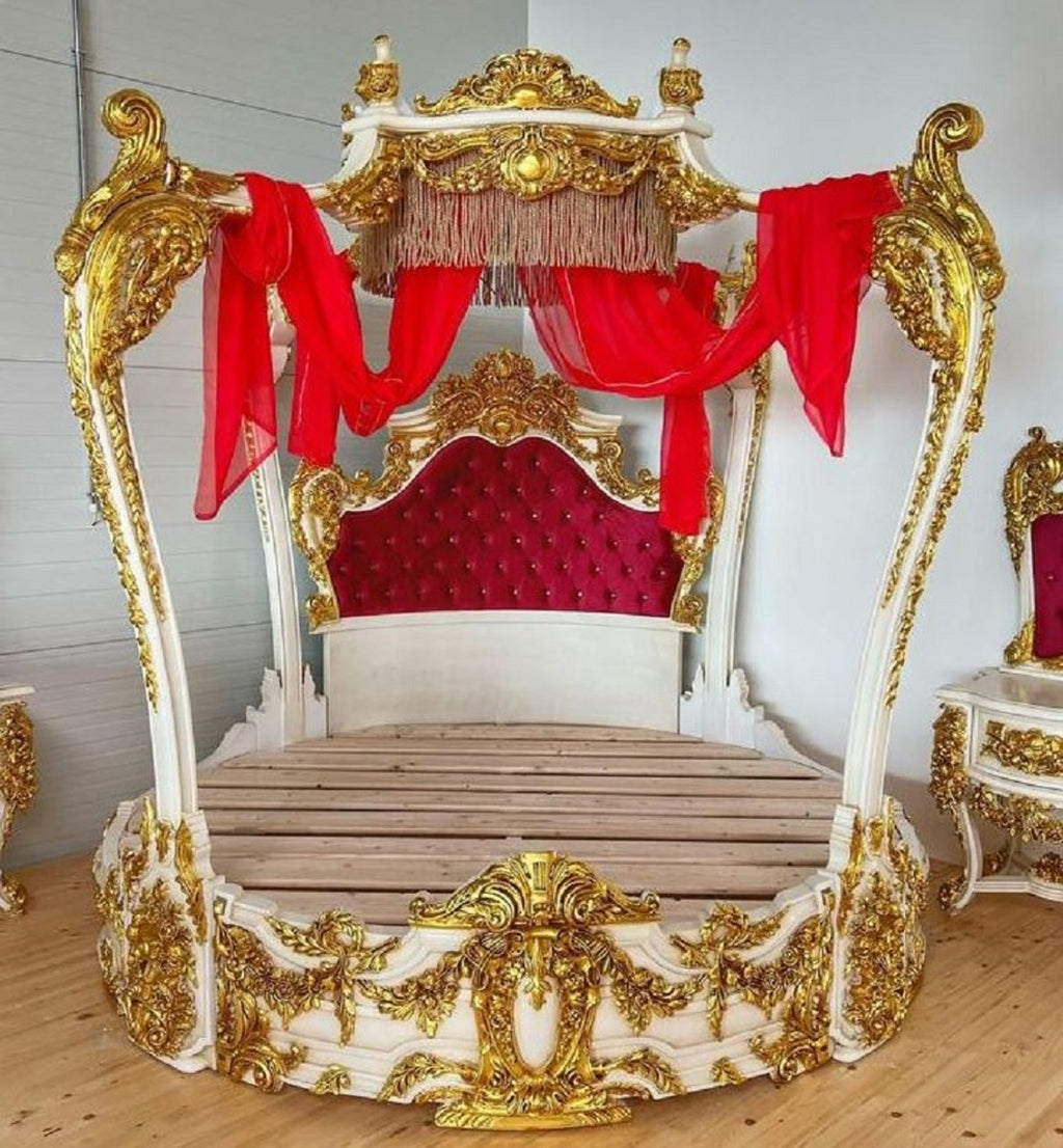 Barock Doppelbett Weiß / Gold / Bordeauxrot - Prunkvolles Massivholz Bett - Schlafzimmer Möbel im Barockstil - Barock Schlafzimmer Möbel - Edel & Prunkvoll