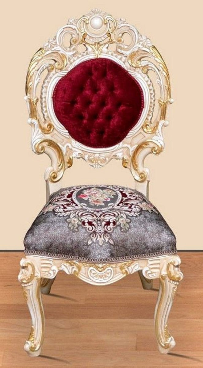 Barock Esszimmer Set Bordeauxrot / Grau / Weiß / Gold - 1 runder Esstisch & 4 Esszimmerstühle - Prunkvolle Esszimmer Möbel im Barockstil