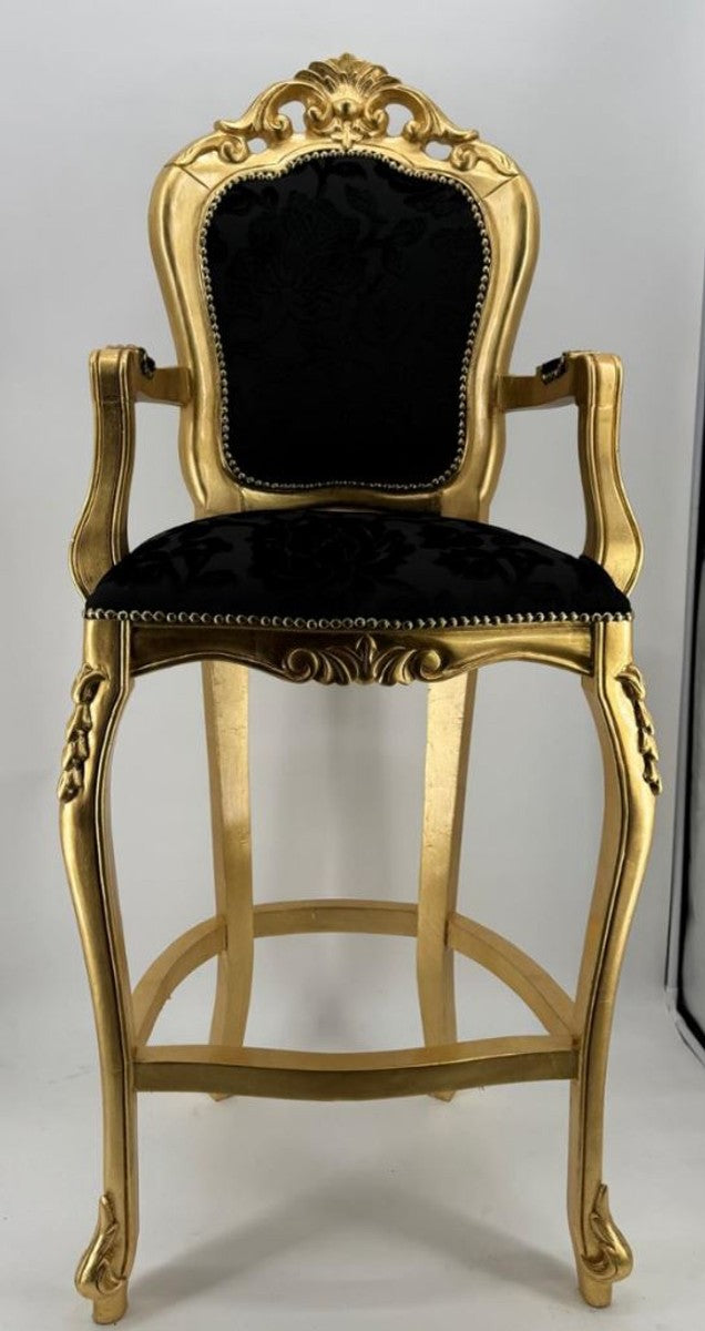 Luxus Barock Barstuhl mit Armlehnen Schwarz / Gold - Barock Bar Möbel