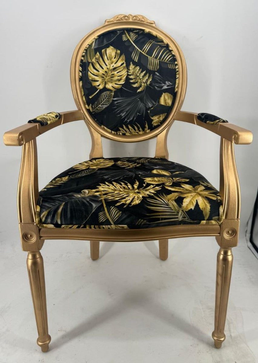 Luxus Barock Esszimmer Stuhl mit Armlehnen Schwarz / Gold H. 95 cm - Barock Möbel