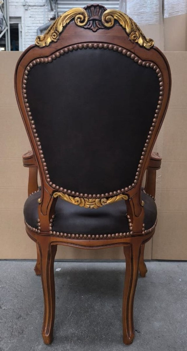 Luxus Barock Leder Esszimmer Stuhl mit Armlehnen Schwarz / Braun / Gold H. 108 cm