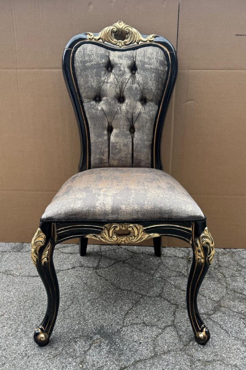 Luxus Barock Esszimmer Stuhl Grau / Schwarz / Gold H. 109 cm - Barock Möbel