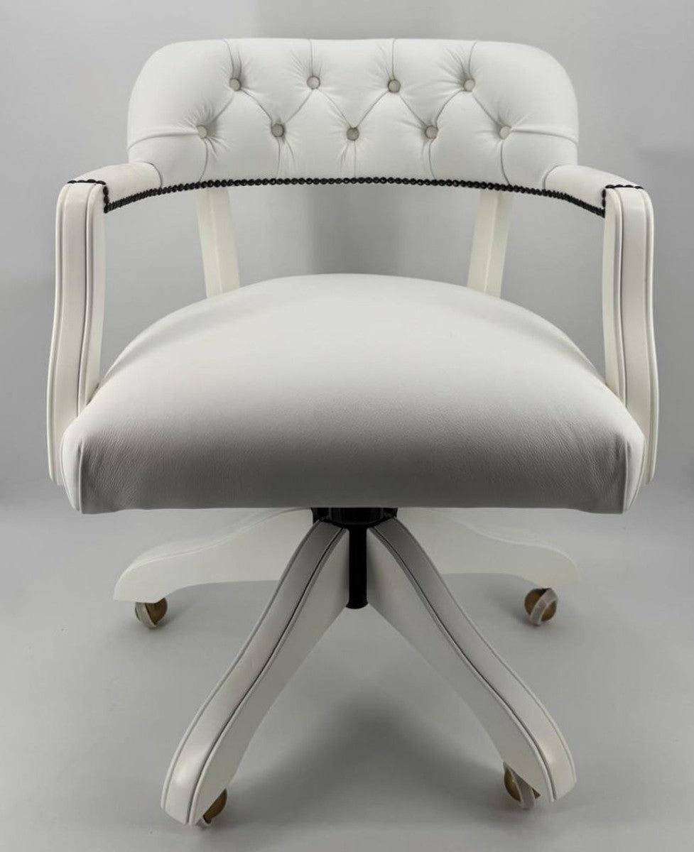 Luxus Leder Bürostuhl Weiß 58 x 65 x H. 80-87 cm - Höhenverstellbarer Schreibtischstuhl