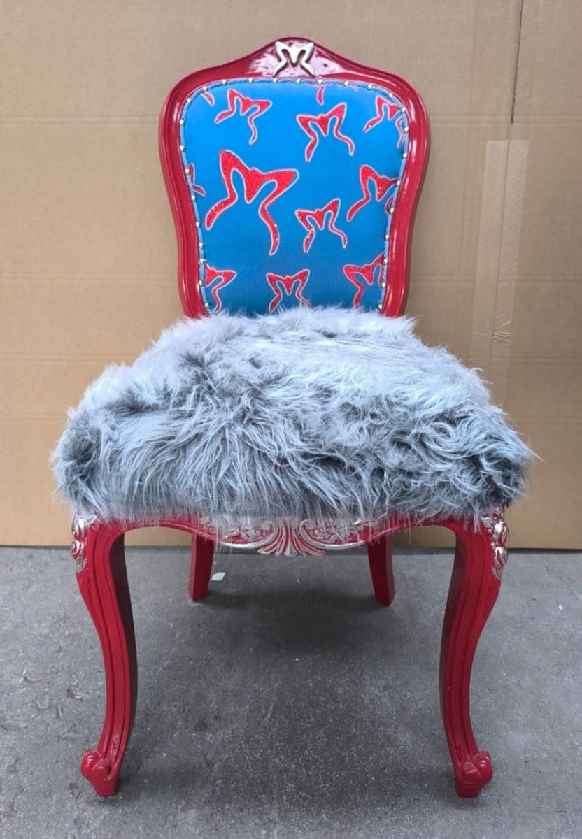 Luxus Barock Esszimmer Stuhl Grau / Blau / Rot / Silber - Barock Möbel