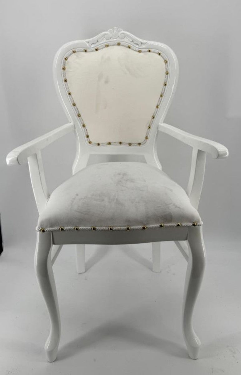 Luxus Barock Esszimmer Stuhl mit Armlehnen Grau / Creme - Barock Möbel
