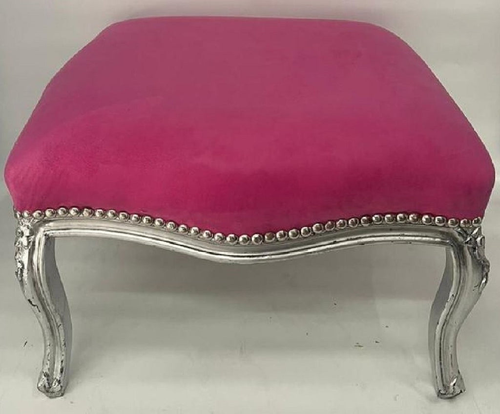 Barock Hocker Rosa / Silber - Handgefertigter Sitzhocker im Barockstil - Barock Fußhocker - Wohnzimmer Möbel im Barockstil - Barockstil Möbel - Barock Möbel - Edel & Prunkvoll