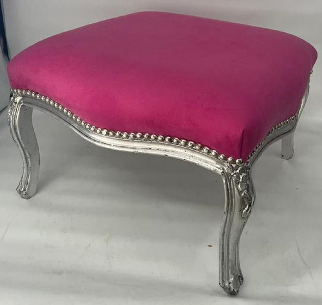 Barock Hocker Rosa / Silber - Handgefertigter Sitzhocker im Barockstil - Barock Fußhocker - Wohnzimmer Möbel im Barockstil - Barockstil Möbel - Barock Möbel - Edel & Prunkvoll