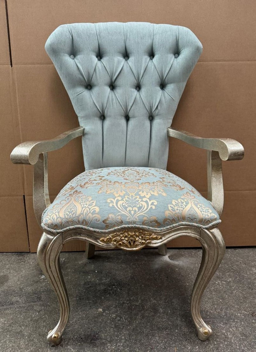Luxus Barock Esszimmer Stuhl mit Armlehnen Türkis / Silber / Gold - Barock Möbel