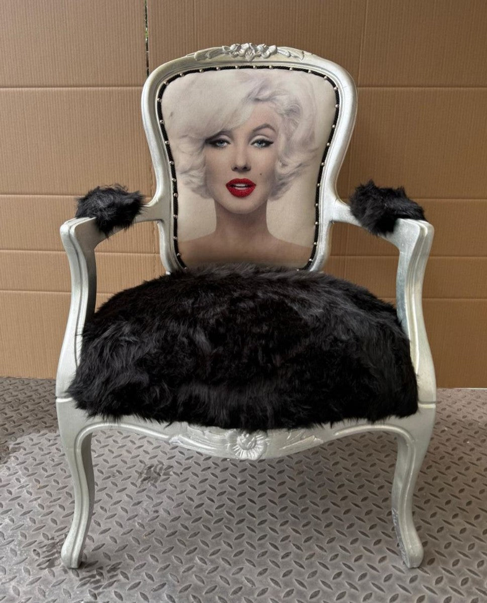 Luxus Barock Salon Stuhl mit Armlehnen Schwarz / Silber - Barock Möbel