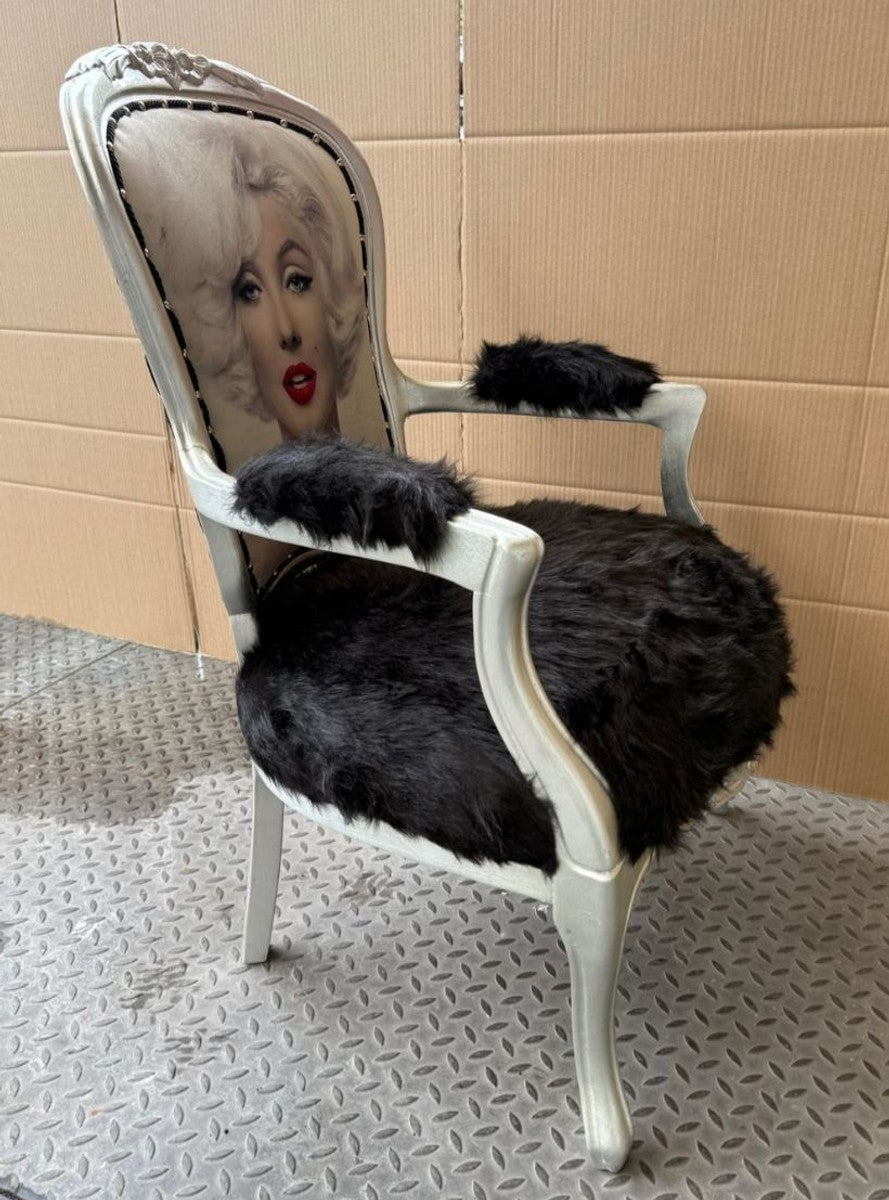 Luxus Barock Salon Stuhl mit Armlehnen Schwarz / Silber - Barock Möbel