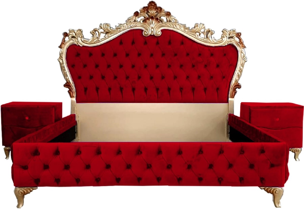 Barock Schlafzimmer Set - Verschiedene Farben - 1 Doppelbett mit Kopfteil & 2 Nachtkommoden - Schlafzimmer Möbel im Barockstil - Edel & Prunkvoll