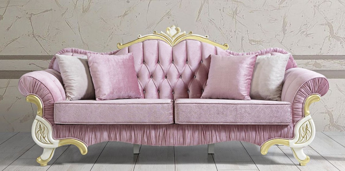 Barock Wohnzimmer Sofa mit Glitzersteinen Rosa / Weiß / Gold 228 x 105 x H. 85 cm - Edel & Prunkvoll