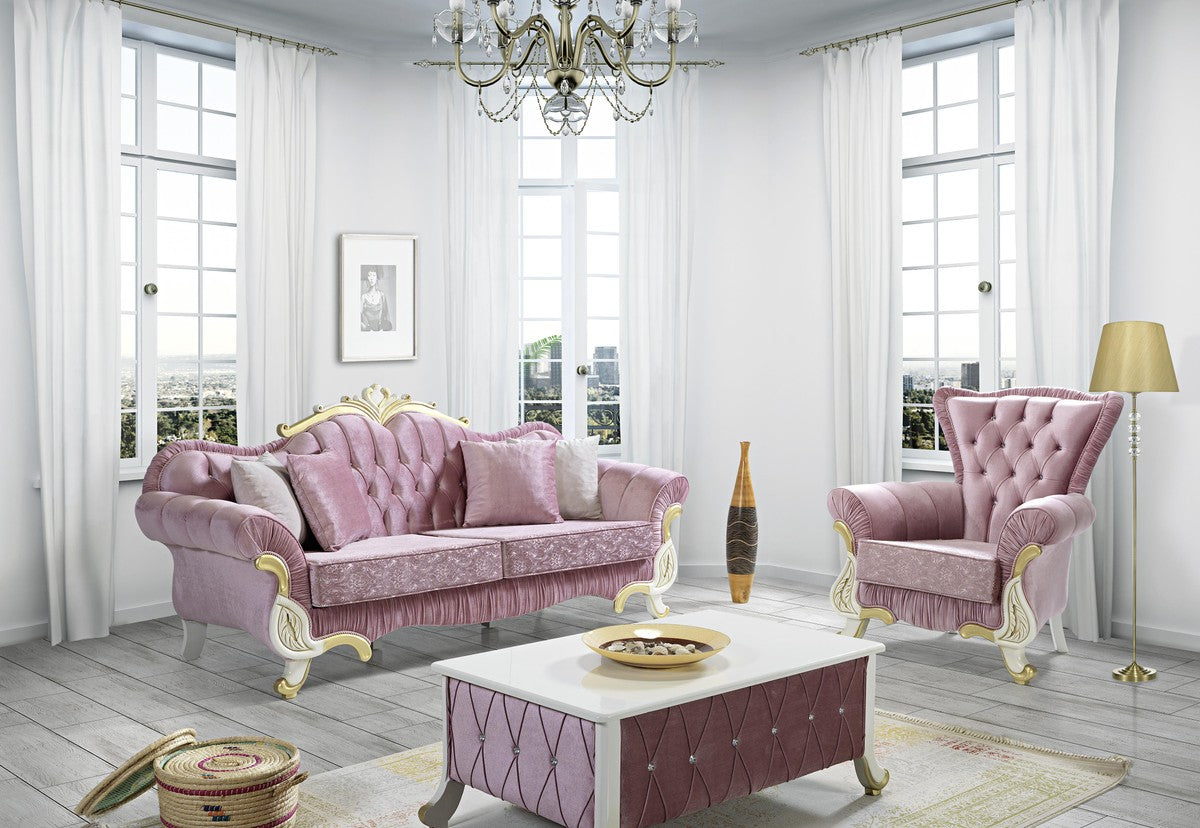 Barock Wohnzimmer Sofa mit Glitzersteinen Rosa / Weiß / Gold 228 x 105 x H. 85 cm - Edel & Prunkvoll
