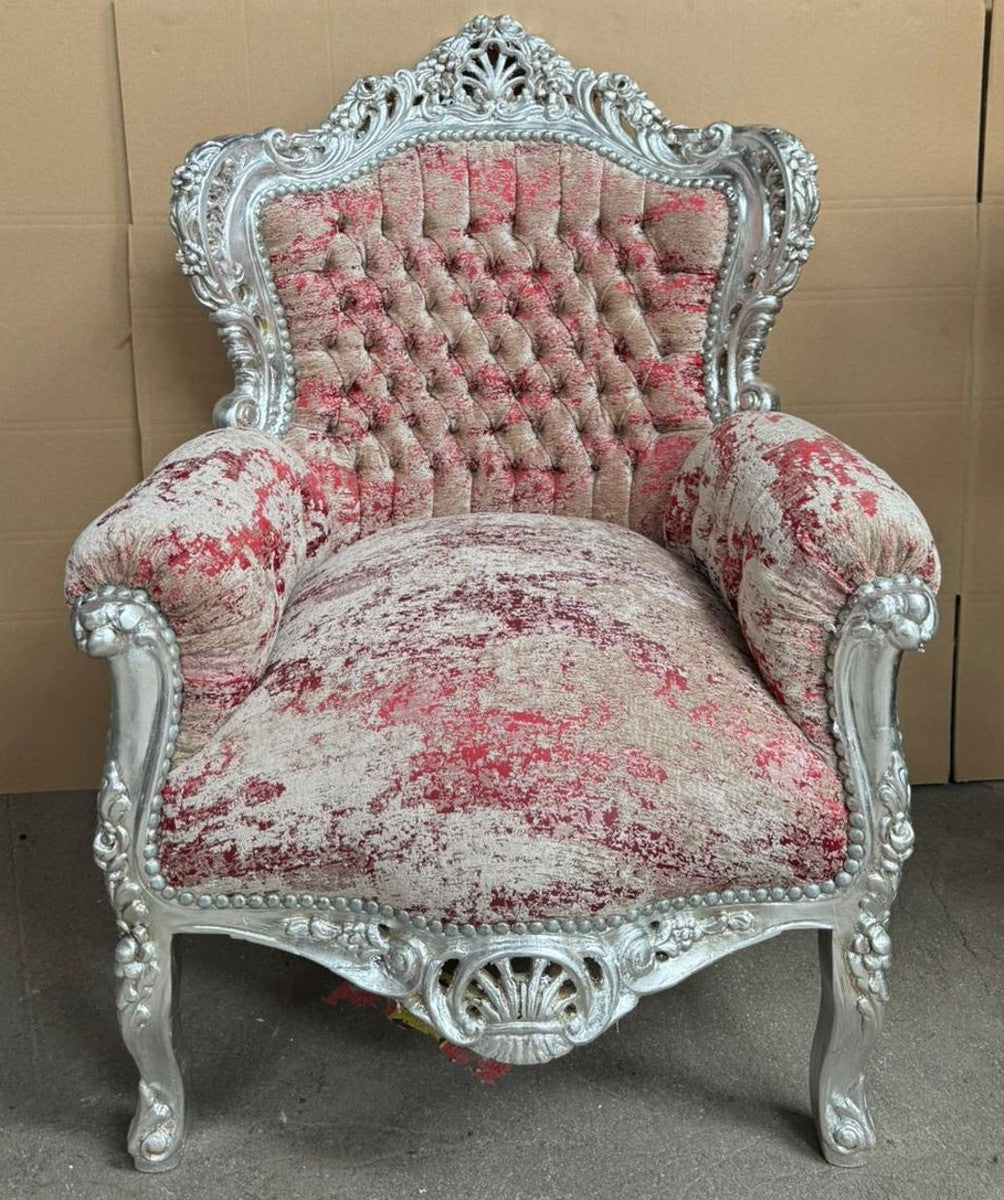 Barock Sessel Rot / Beige / Silber - Prunkvolle Barock Möbel