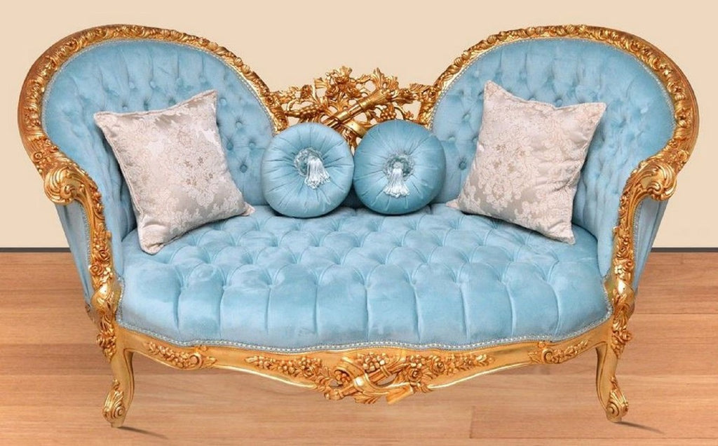 Barock Sofa Hellblau / Gold - Handgefertigtes Wohnzimmer Sofa im Barockstil - Prunkvolle Barock Wohnzimmer Möbel