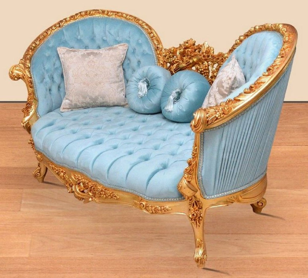 Barock Sofa Hellblau / Gold - Handgefertigtes Wohnzimmer Sofa im Barockstil - Prunkvolle Barock Wohnzimmer Möbel