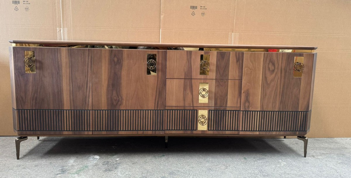 Luxus Sideboard mit 3 Türen und 3 Schubladen Braun / Schwarz / Gold 200 cm