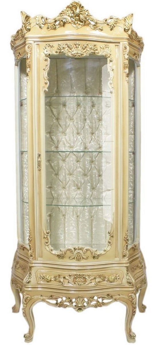 Barock Vitrine Cremefarben 80 x 40 x H. 200 cm - Prunkvoller Barock Vitrinenschrank mit Glastür und wunderschönen Verzierungen - Barock Möbel