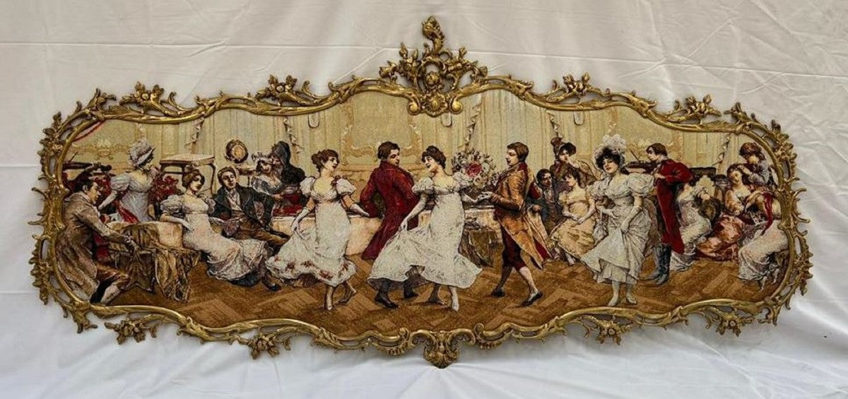 Barock Wandbild Mehrfarbig / Messing 194 x H. 88 cm - Prunkvolles Barockstil Wanddeko Bild mit Messing Rahmen - Barock Wand Dekoration - Edel & Prunkvoll