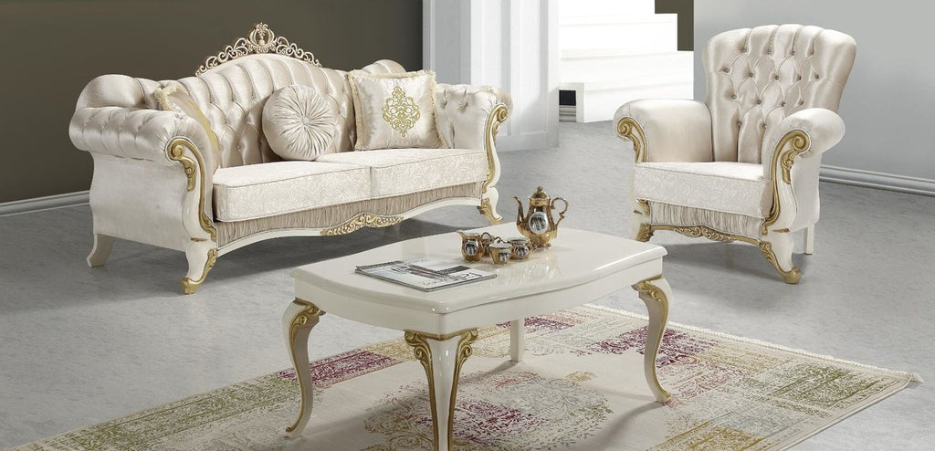 Barock Wohnzimmer Set Champagnerfarben / Creme / Gold - 2 Sofas & 2 Sessel & 1 Couchtisch - Wohnzimmer Möbel - Edel & Prunkvoll