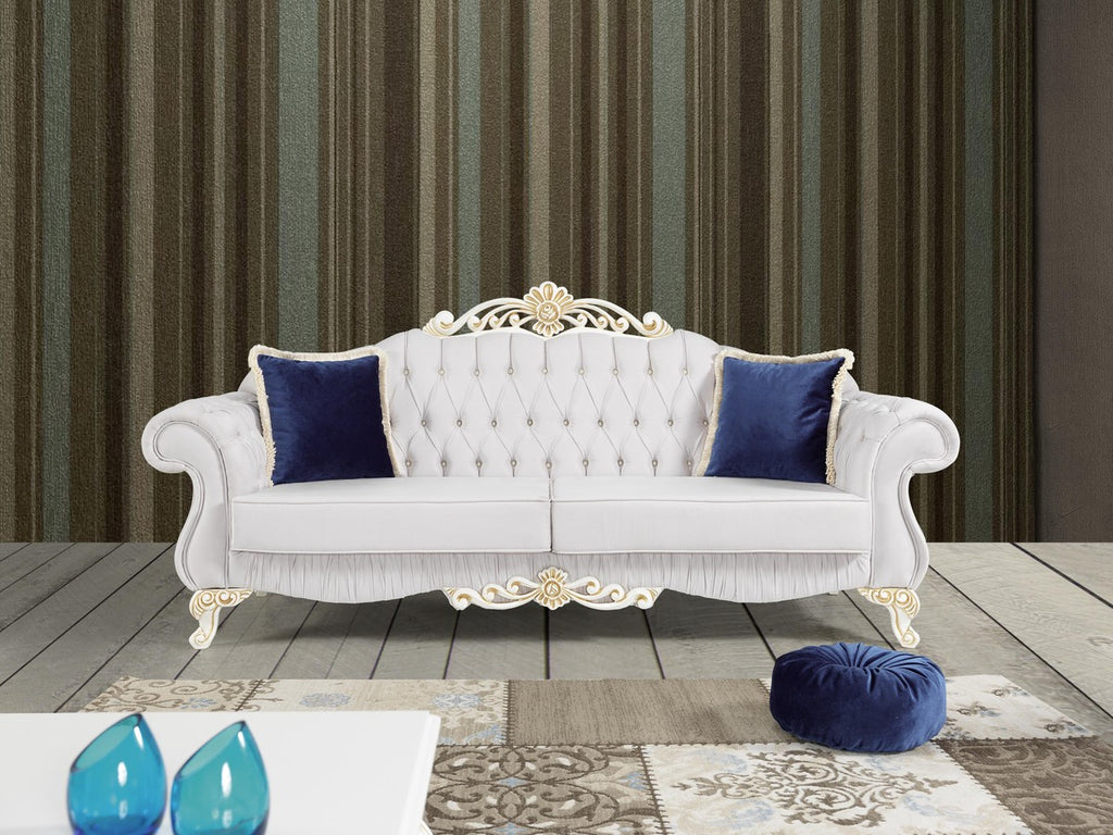 Barock Wohnzimmer Set Hellgrau / Weiß / Creme / Gold - 2 Sofas & 2 Sessel & 1 Couchtisch - Edle Wohnzimmer Möbel im Barockstil