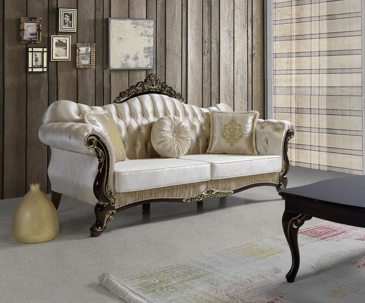 Barock Wohnzimmer Set Champagnerfarben / Schwarz / Gold - 2 Sofas & 2 Sessel & 1 Couchtisch - Wohnzimmer Möbel - Edel & Prunkvoll