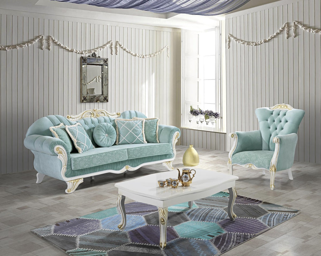 Barock Wohnzimmer Set Hellgrün / Weiß / Gold - 2 Sofas & 2 Sessel & 1 Couchtisch - Edle Wohnzimmer Möbel im Barockstil