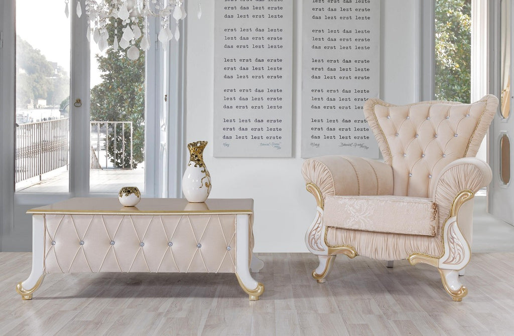 Barock Wohnzimmer Set Beige / Weiß / Gold - 2 Sofas & 2 Sessel & 1 Couchtisch - Wohnzimmer Möbel im Barockstil - Edle Barock Möbel