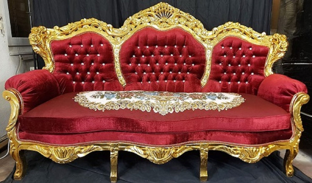 Barock Wohnzimmer Set Bordeauxrot / Mehrfarbig / Gold - 1 Barock Sofa & 2 Barock Sessel - Wohnzimmer Möbel im Barockstil - Barock Möbel - Barock Wohnzimmer Einrichtung