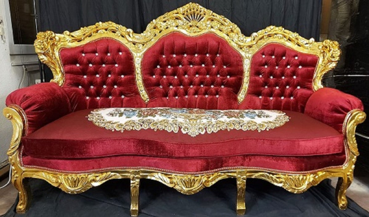 Barock Wohnzimmer Set Bordeauxrot / Mehrfarbig / Gold - 1 Barock Sofa & 2 Barock Sessel - Wohnzimmer Möbel im Barockstil - Barock Möbel - Barock Wohnzimmer Einrichtung