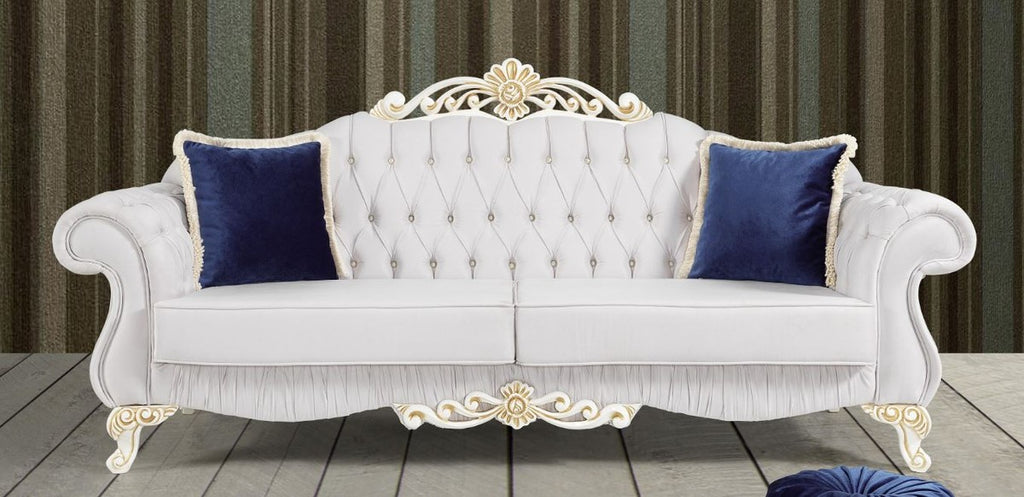 Barock Sofa Hellgrau / Weiß / Gold 235 x 85 x H. 112 cm - Edles Wohnzimmer Sofa mit Glitzersteinen - Barock Möbel