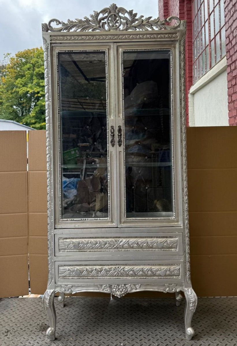 Barock Massivholz Vitrine Silber 84 x H. 183 cm - Barock Möbel