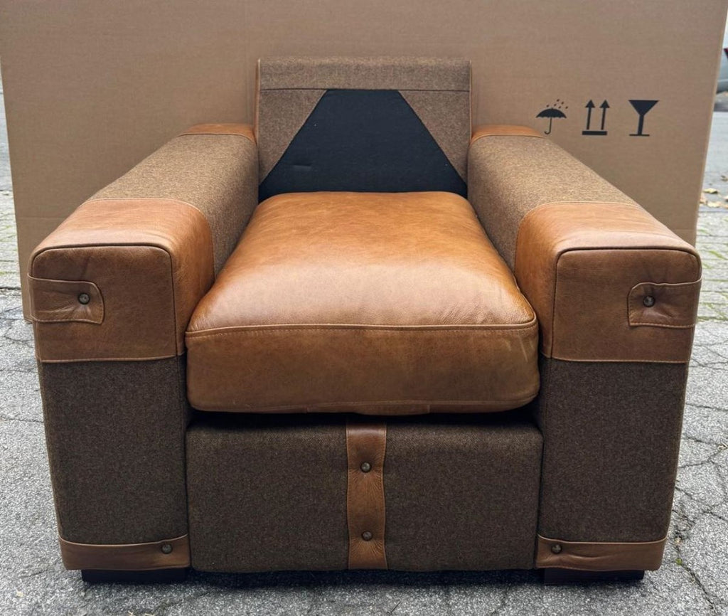 Luxus Leder Sessel Braun / Grau / Schwarz - Wohnzimmer Möbel