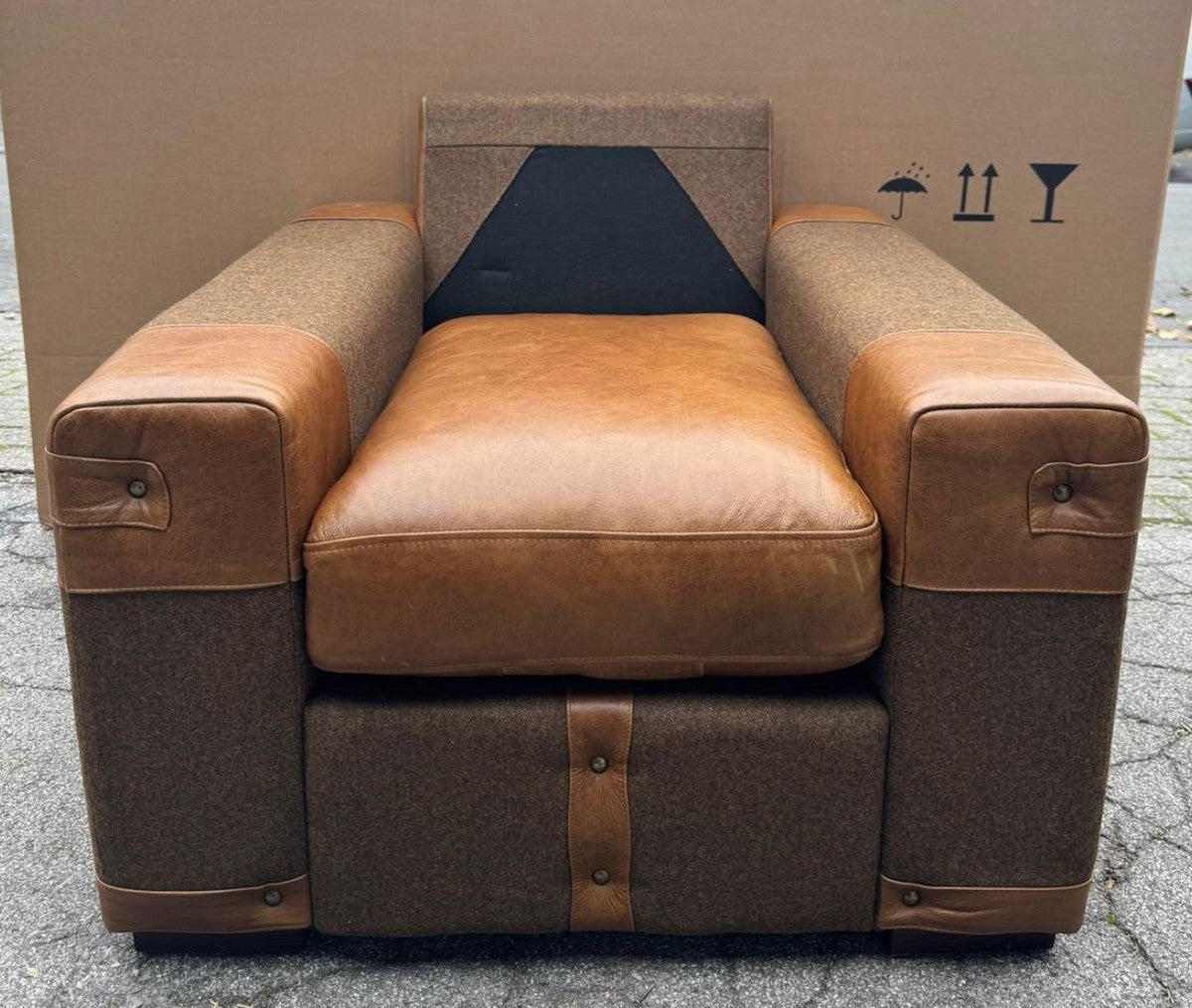 Luxus Leder Sessel Braun / Grau / Schwarz - Wohnzimmer Möbel