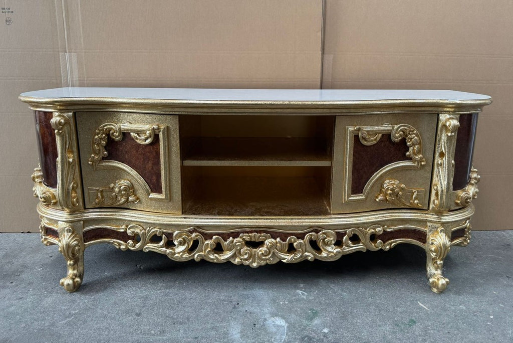 Luxus Barock TV Schrank Gold / Braun / Weiß 185 cm - Barock Möbel