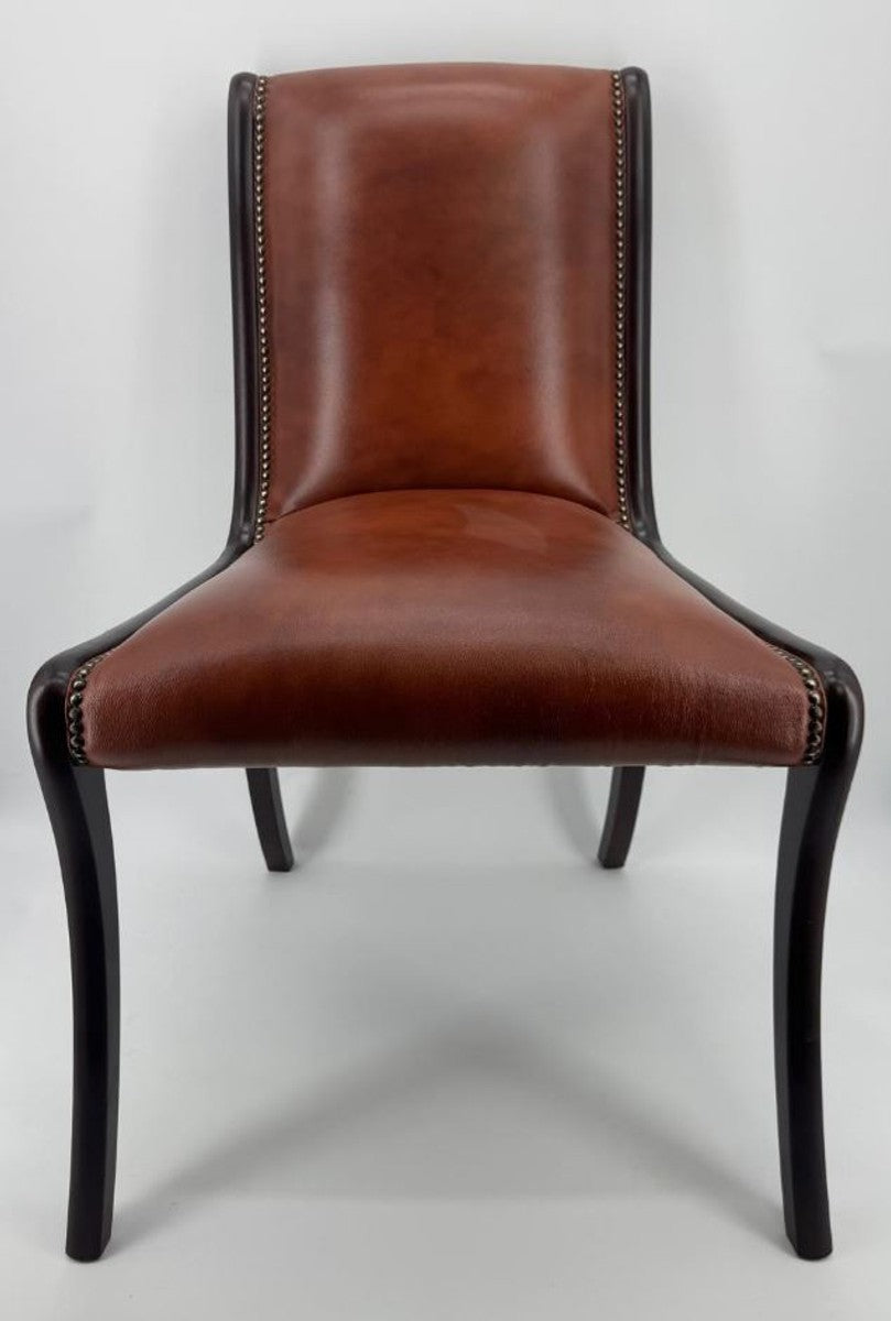 Luxus Echtleder Esszimmer Stuhl Braun / Dunkelbraun H. 95 cm - Luxus Möbel