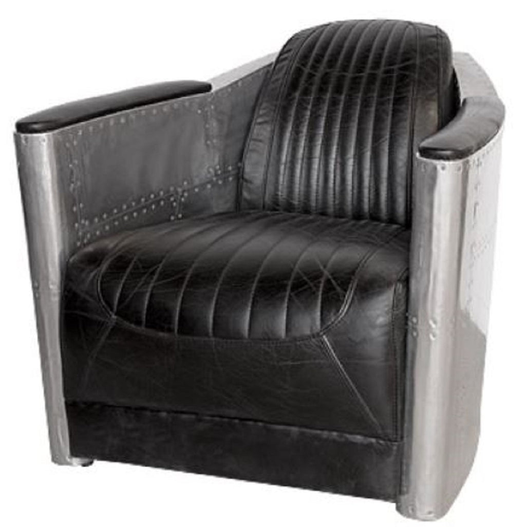 Art Deco Aluminium Echtleder Sessel Schwarz / Silber 74,5 x 94 x H. 78 cm - Club Sessel - Lounge Sessel - Flugzeug Flieger Möbel